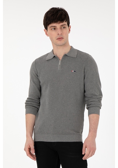 U.S. Polo Assn. Erkek Regular Fit Yarım Fermuarlı Gri Melanj Basic Kazak 50298266-VR086