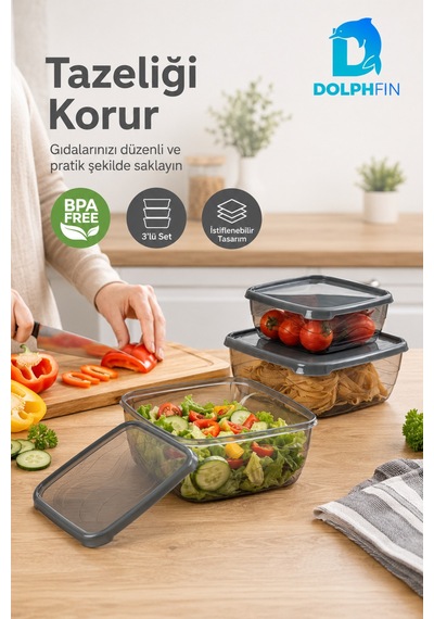 3 Lü Kare Saklama Kabı Seti 250 Ml 500 Ml 900 Ml Füme Şeffaf Bpa İçermez Siyah