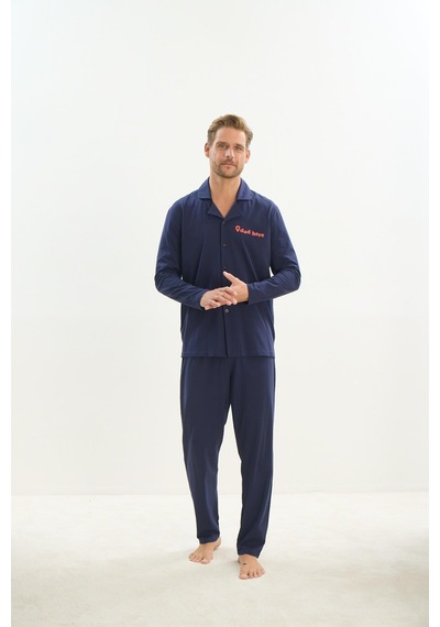 Sevim Erkek Uzun Kol Gömlek Yaka Önden Düğmeli Lacivert Pijama Takım C0t1n5o9 001
