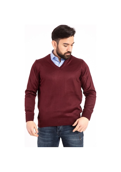 Nacar Store Erkek Bordo İnce Yün Triko V Yaka Triko Kazak