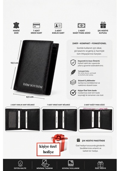 Vanilla Collection Hakiki Deri Kişiye Özel İsim Baskılı Cüzdan Kartlık Portföy Kişiye Özel Hediye Siyah