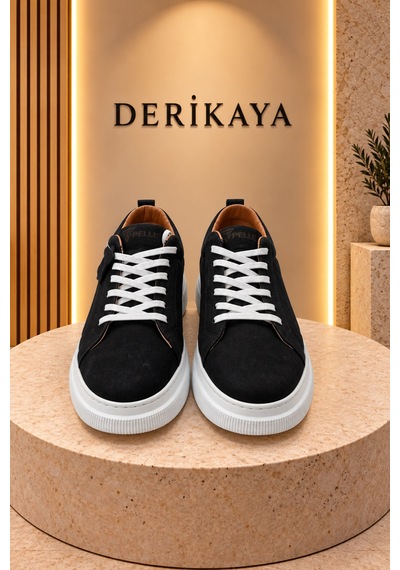 Deri Kaya Erkek Nubuk Deri Bağcıklı Günlük Sneaker Spor Ayakkabı Siyah