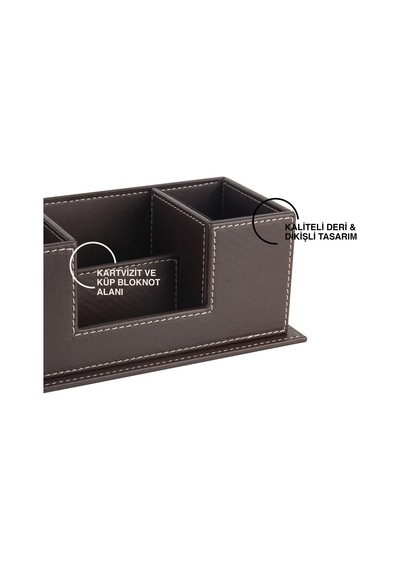 Masaüstü Deri Organizer Kalemlik 4 Gözlü Desktop Organizer Rainbow Vegan 10x12x25 Cm. Kahverengi