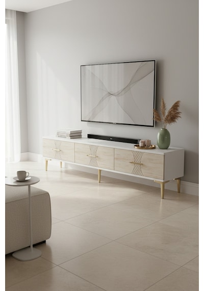 Tsa1832atg Slim Tv Stand, Tv Sehpası Antrasit-traverten-gold 180cm