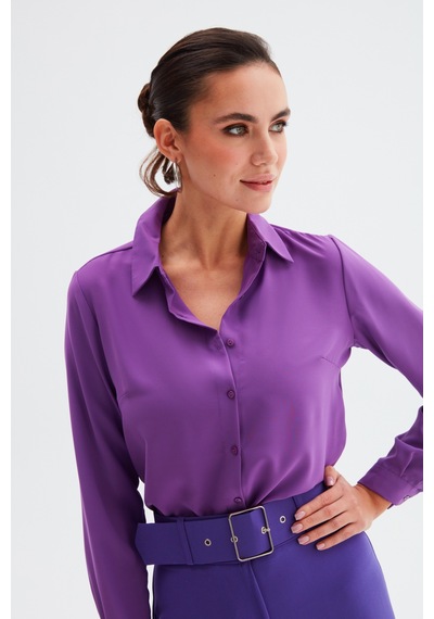 Sateen Düz Klasik Gömlek - Mor