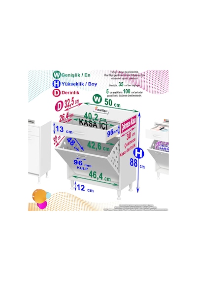 Eliusta Asil 50 Cm Kirli Çamaşır Sepetli Banyo Dolabı 1 Çekmeceli Mutfak Çok Amaçlı Dolap 50x88x32,5 Cm Beyaz