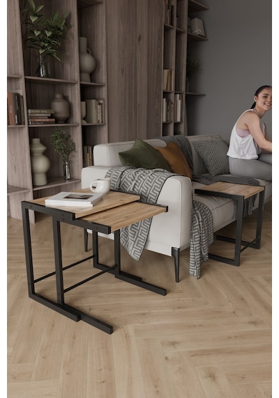 Bronte 3 Lü Zigon Sehpa, Metal Zigon Sehpa Atlantik Çam