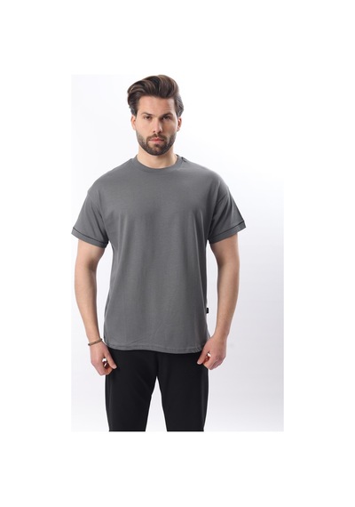 Madmext Füme Bisiklet Yaka Çoban Dikişli Overfit Erkek T-shirt E7103 Füme