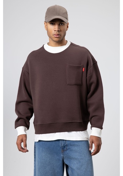 Vamos Bisiklet Yaka Cep Detaylı Oversize Sweatshirt Kahve