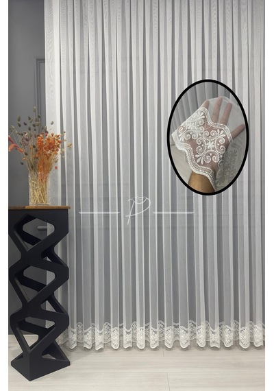 Tül Perde Etek İşleme Su Yolu Yonca Desen 127566 Ekru