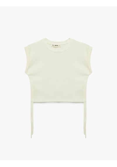Koton Pamuklu Kolsuz Bisiklet Yaka Büzgülü Crop Bluz Ekru 6sal30016ık Ekru