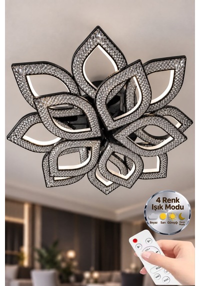 Yonca Model Siyah Kumandalı 13"lü Ledli 3 Renk Modu Kristal Salon Mutfak Yatak Çocuk Odası Avize