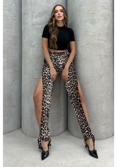 Lesa Wear Leopar Desenli Yumuşacık Yüksel Bel Likralı Yırtmaç Detaylı Jarse Pantolon Flared Leopar