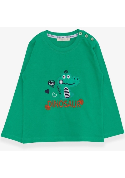 Breeze Erkek Bebek Uzun Kollu Tişört Dinozor Nakışlı 9 Ay-3 Yaş, Yeşil Yeşil