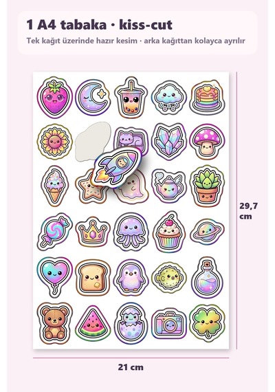 30 Adet Holografik Sevimli Figürler Sticker Seti - Laptop Defter Telefon İçin Çok Renkli