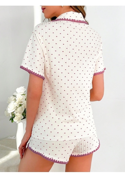 Bella Notte Özel Dikişli Kalp Baskılı Şortlu Pijama Takımı Ekru