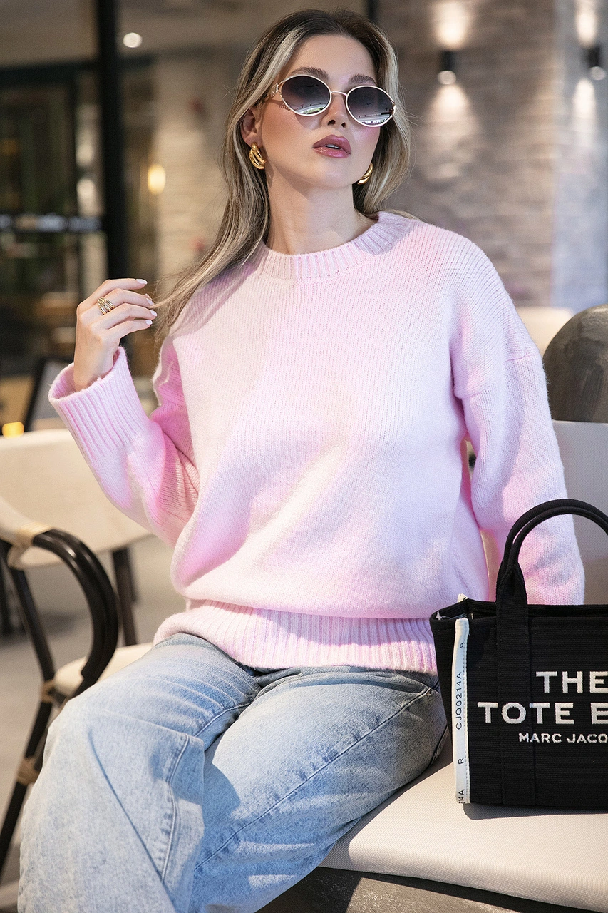 Lela Regular Fit Bisiklet Yaka Basic Triko Bayan Kazak 4616213 Toz Pembe
