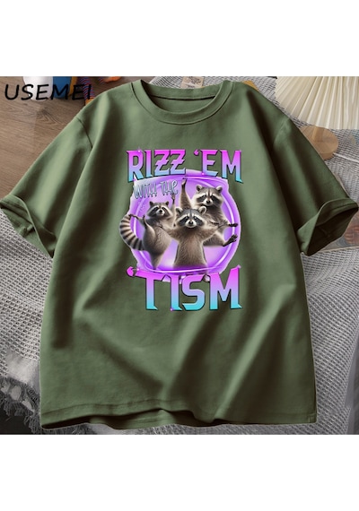 Flood Of Style Rizz Em Tism Rakun T-shirt Çöp Panda Komik Grafik T Shirt Erkekler Komik Pamuk Kısa Kollu Har Yeşil