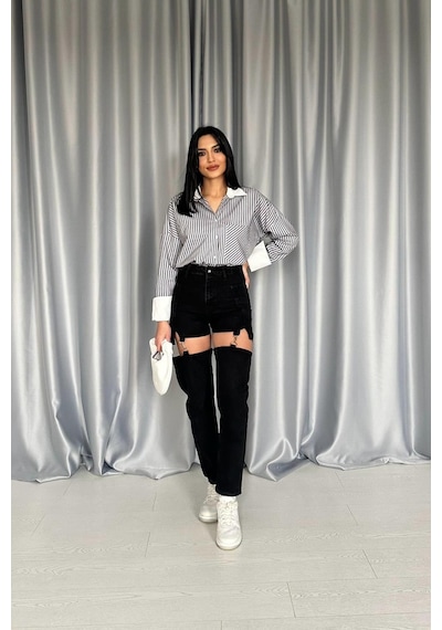 Alemdarshop Siyah Askılı İki Parça Jeans Pantolon