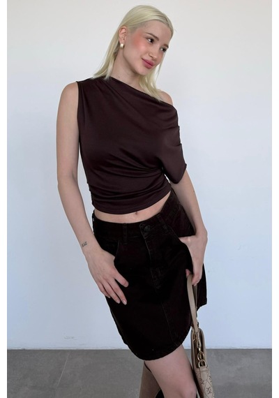 Kahverengi Tek Omuz Modern Kesim Şık Kadın Bluz Mg2669 Kahverengi