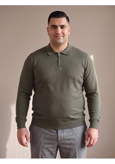 Maccali Erkek Haki Büyük Beden Düz Fermuarlı Polo Yaka Triko Kazak