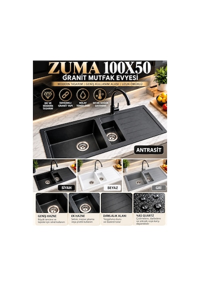 Granit Evye Zuma Series Antrasit Renk 1,5 Göz En :1000mm Boy :500mm Derinlik :200 Mm Gri