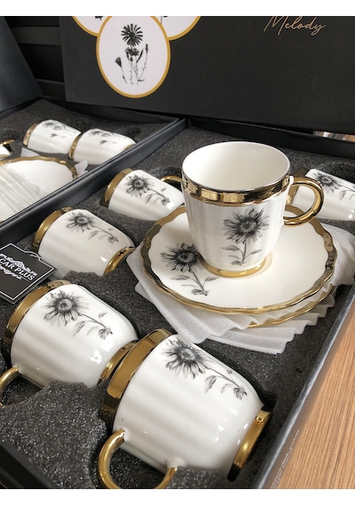 Acar Melody 6 Kişilik Porselen Kahve Fincanı Takımı 90 Ml 5142 Gold Model-2 Beyaz - Altın
