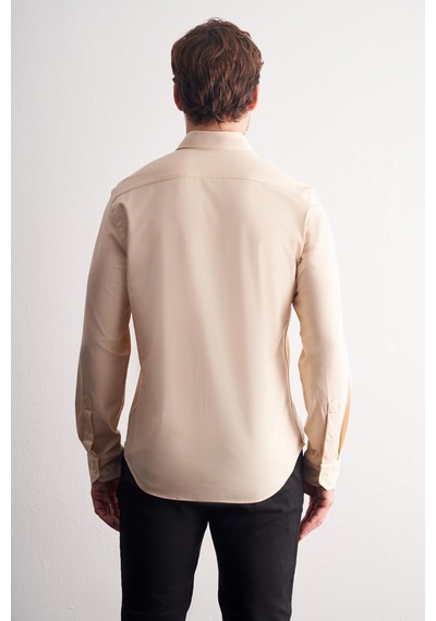İmza Bej Düğmeli Yaka Örme Uzun Kol Performans Ürün Slim Fit Esnek Gömlek 1004255270 Bej