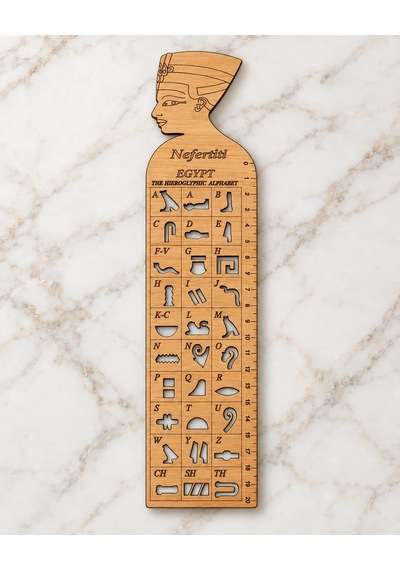 Antik Mısır Hiyeroglif Harf Oymalı Cetvel Kitap Ayracı - Açık Doğal Ahşap Nefertiti Krem Rengi