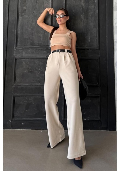 Madmext Açık Bej Çift Pileli Kemerli Pantolon Mg2330 Açık Bej