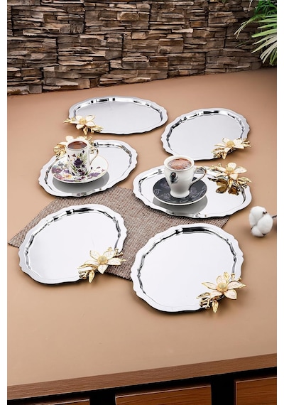 Tr 6 Adet Oval Papatya Çiçekli Kahve-çay Servis Ve Sunum Tepsisi 25x20 Cm, Gümüş Diğer