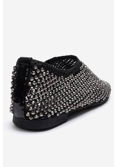 Luvishoes Urela Siyah Örgü Taşlı Hakiki Deri Kadın Babet Ayakkabı