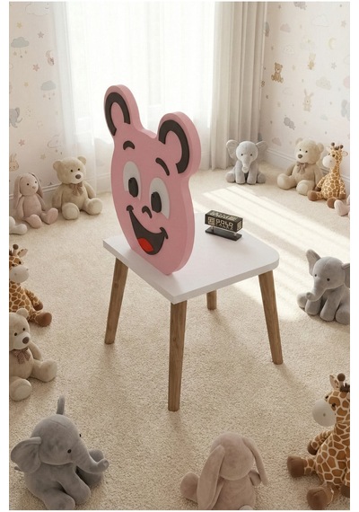 Reyo Falez Happy Face Çocuk Sandalyesi, Ahşap Ayaklı, Sevimli Figürlü Pembe