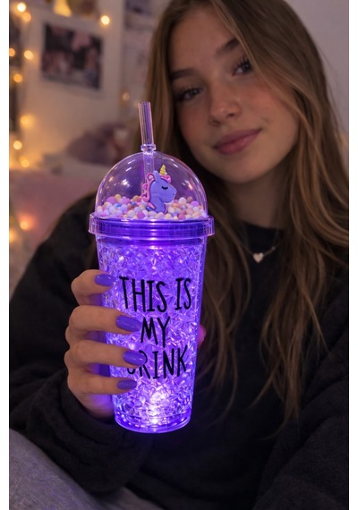 Sevimli Renkli Çılgın 450 Ml Led Işıklı This İs My Drink Temalı Pipetli İçecek Bardağı Suluk 2642mor Mor