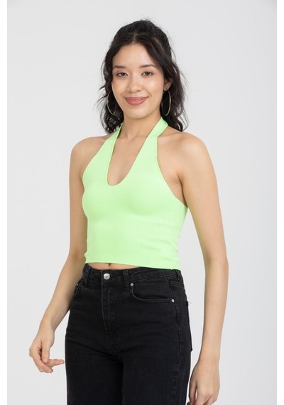 Kadın Askılı Beli Açık Crop Bluz Açık Yeşil 001