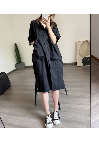 Barbora Keten Günlük Cep Detaylı Salaş Kadın Elbise Ln260siyah 001