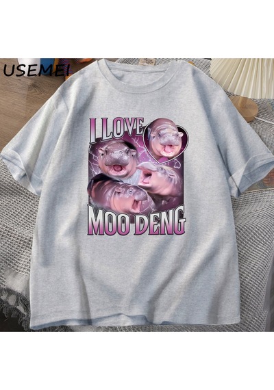 Flood Of Style Ben Aşk Moo Deng T Shirt Kadın Erkek Komik Moo Deng Fan Kulübü Hippo Sevgilisi T-shirt Pamuk Gri