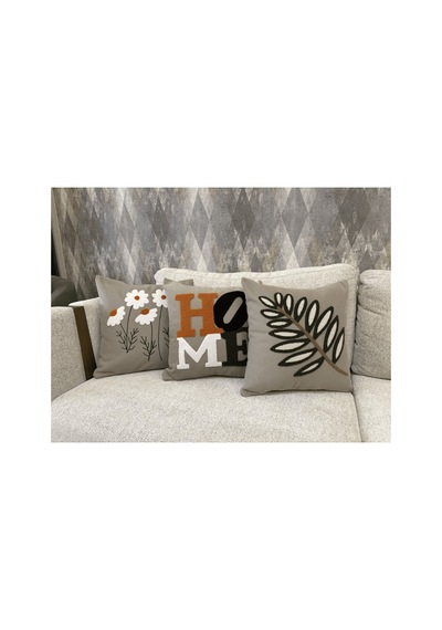 3 Lü Dekoratif Kırlent Kılıfı Seti Papatya Home Yazılı Yaprak Desenli Boho Modern Bej Bej