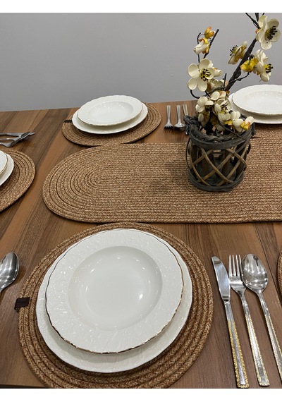Senza Atelier Lüks 8 Parça Jüt Masa Sunum Seti Oval Runner, 6 Lı Supla Ve Sunum Sepeti Takımı Hasır