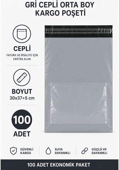Gri Cepli Orta Boy Kargo Poşeti 30x37+5 Cm 100 Adet