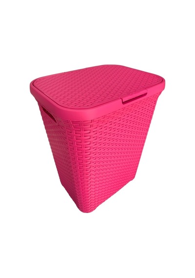 Fuşya, Hasır Desenli Kapaklı Çamaşır Sepeti 55x43x33cm Pembe