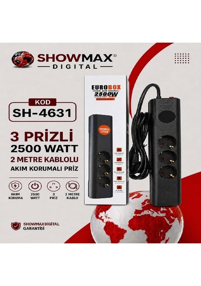 Eurobox Sh-4631 3'lü 2metre Kablolu Akım Korumalı Grup Priz 2 m