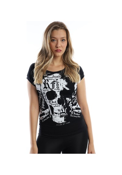 Kadın Kuru Kafa Baskılı Geniş Yakalı T-shirt Siyah