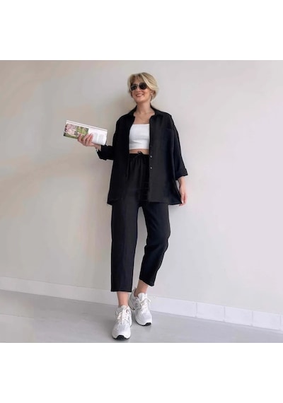 Barbora Keten Günlük İkili Takım Elbise Pantolon Gömlek Ln21siyah5 001