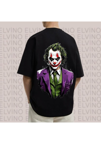 Noıssey Siyah Joker Baskılı Oversize Unisex Kadın/erkek Siyah Bisiklet Yaka