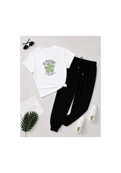 Herkesemoda Blowers Çiçek Baskı Detaylı T-shirt Eşofman Takımı Beyaz