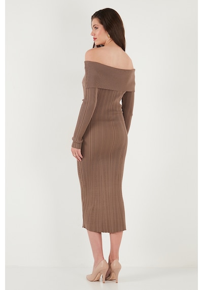 Lela Premium Fitilli Carmen Yaka Slim Fit Midi Boy Triko Bayan Elbise 680El00033 Vizon Lela Premium Fitilli Carmen Yaka Slim Fit Midi Boy Triko Bayan Elbise 680El00033 Vizon