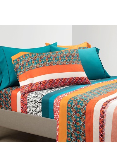 Boho Çizgili Yumuşak Çarşaf 6 Parça Set, Kraliçe, Turkuaz Ve Mandalina Çok Renkli