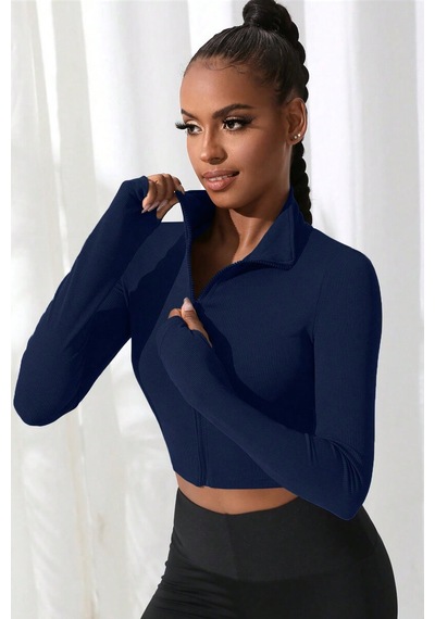 Kadın Lacivert Uzun Kol Fermuarlı Parmak Geçme Detaylı Dik Yaka Crop Top Bluz