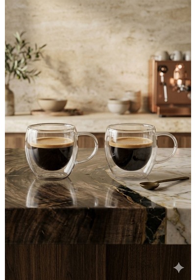 Reoona 2'li Türk Kahvesi Bardağı Kuplu Espresso Bardağı Çift Cidarlı 80 Ml Şeffaf